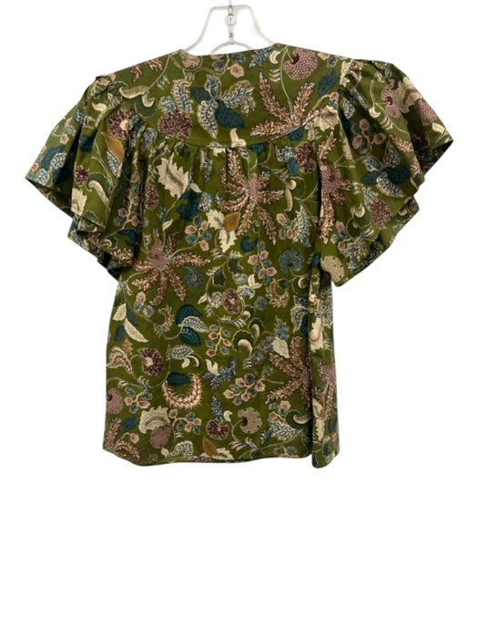 Ulla Johnson Size 0 Green, Blue, Multi Cotton Ruffle Cap Sleeve 1/4 Zip Top Green, Blue, Multi / 0