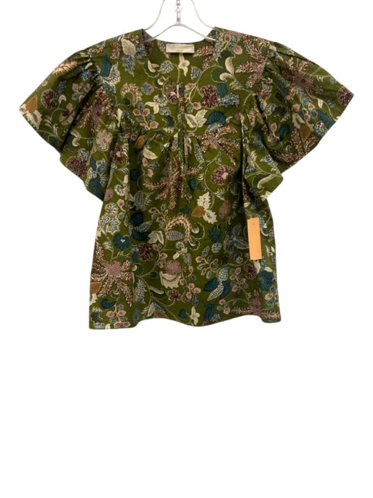 Ulla Johnson Size 0 Green, Blue, Multi Cotton Ruffle Cap Sleeve 1/4 Zip Top Green, Blue, Multi / 0