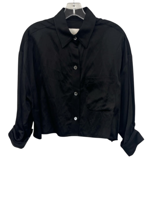 TWP Size XS/S Black Viscose & Linen Scrunch Sleeve Buttons Collar Crop Top Black / XS/S