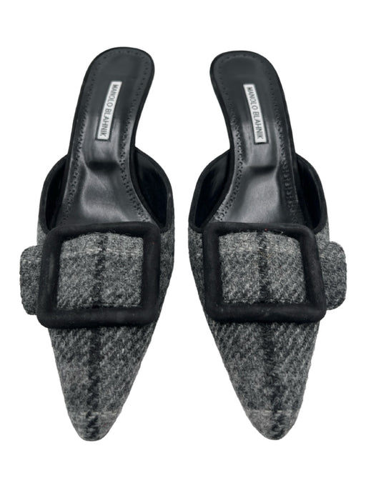 Manolo Blahnik Shoe Size 42 Gray Wool Plaid Pointed Toe Open Heel Buckle Pumps Gray / 42