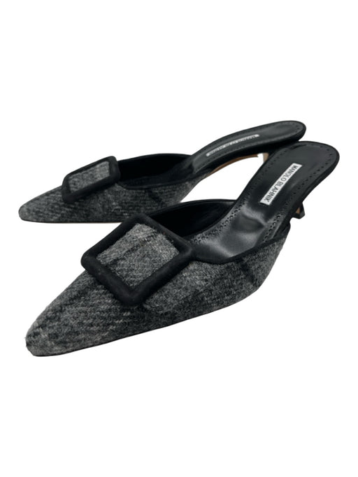 Manolo Blahnik Shoe Size 42 Gray Wool Plaid Pointed Toe Open Heel Buckle Pumps Gray / 42