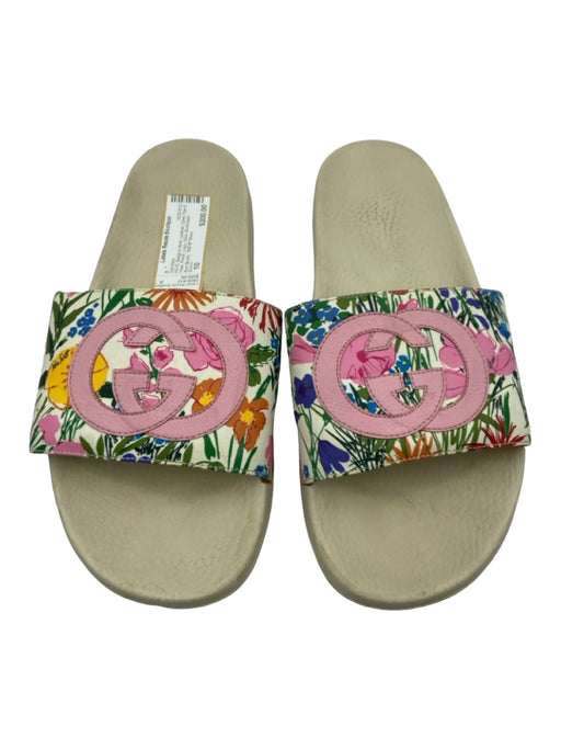 Gucci Shoe Size 10 Beige & Multi Leather Open Toe & Heel Floral Logo Sandals Beige & Multi / 10