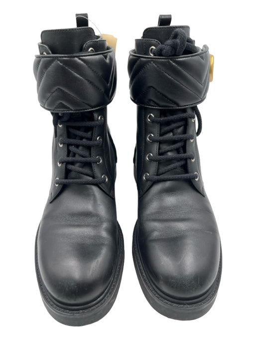 Gucci Shoe Size 41 Black Leather Combat lace up Gold Logo ankle strap Boots Black / 41