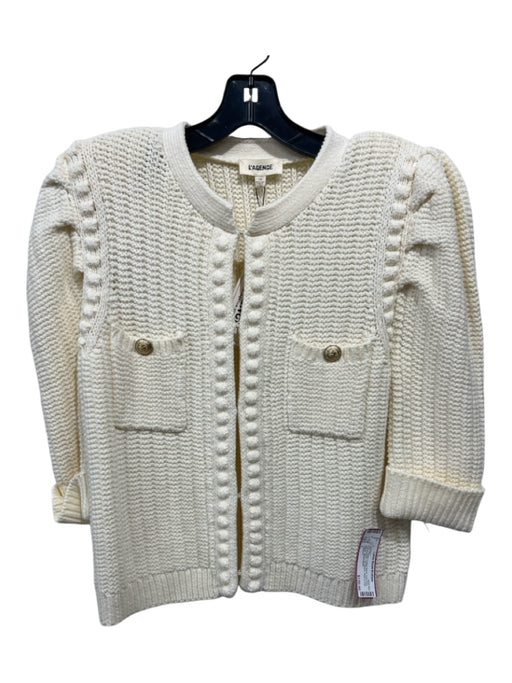 L'agence Size L Cream Cotton Blend Pom Pom Puff Shoulder 3/4 Sleeve Cardigan Cream / L