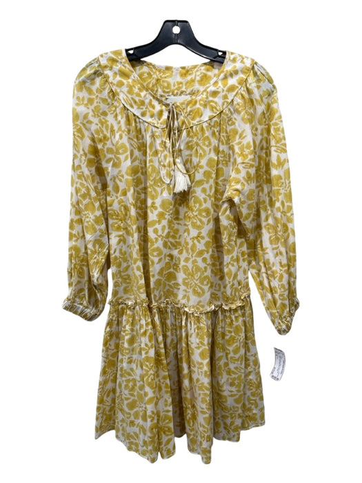 Cara Cara Size M Yellow & White Cotton Floral Long Sleeve Drop Waist Dress Yellow & White / M