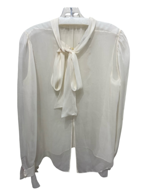 Valentino Size M Ivory White Silk Sheer Back Button Long Sleeve Tie Neck Top Ivory White / M