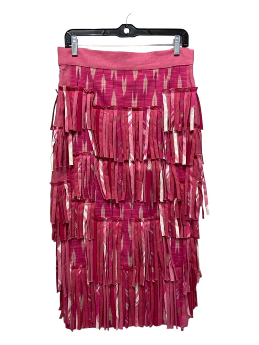 Lela Rose Size M Pink Print Linen Fringe Abstract Midi Skirt Pink Print / M