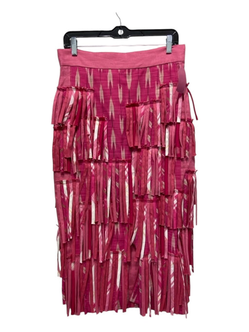 Lela Rose Size M Pink Print Linen Fringe Abstract Midi Skirt Pink Print / M