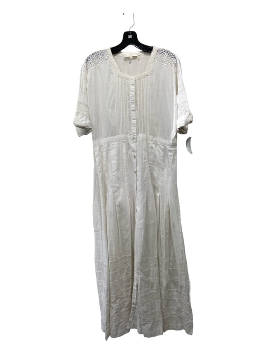 Loveshackfancy Size L White Cotton Button Front Pleated Lace Detail Midi Dress White / L