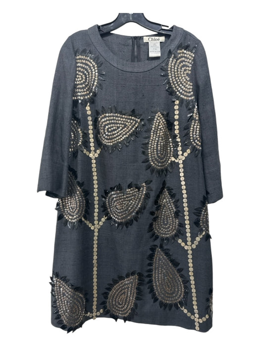 Chloe Size 40/L Gray, Gold, Black Silk Paisley Sequinned 3/4 Sleeve Dress Gray, Gold, Black / 40/L