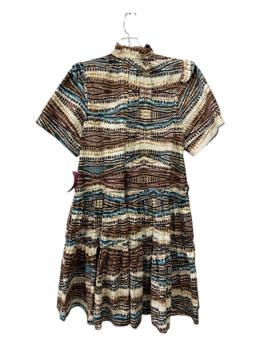 Hunter Bell Size M Brown, Cream, Blue Cotton V Neck Abstract Knee length Dress Brown, Cream, Blue / M