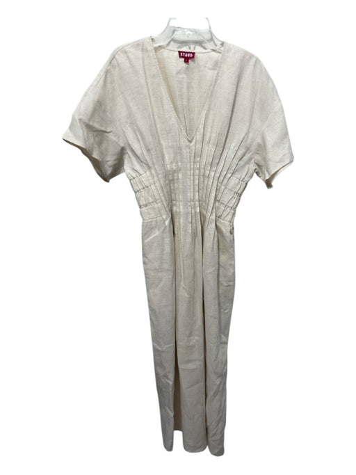 Staud Size S Light Beige Linen pintuck waist Pleated Short Sleeve Midi Dress Light Beige / S