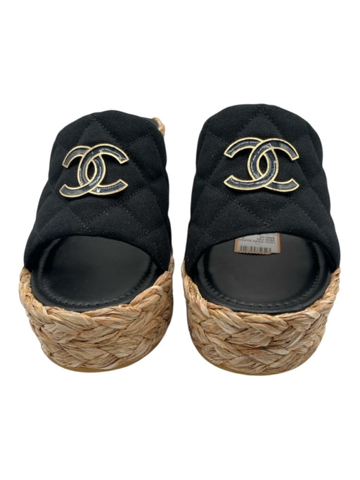 Chanel Shoe Size 41 Black, Tan & Gold Canvas Raffia Base Quilted Wedge Sandals Black, Tan & Gold / 41