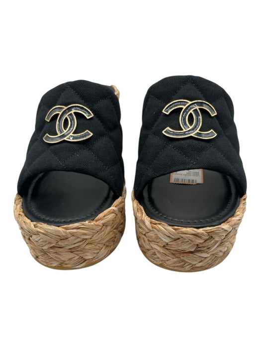 Chanel Shoe Size 41 Black, Tan & Gold Canvas Raffia Base Quilted Wedge Sandals Black, Tan & Gold / 41