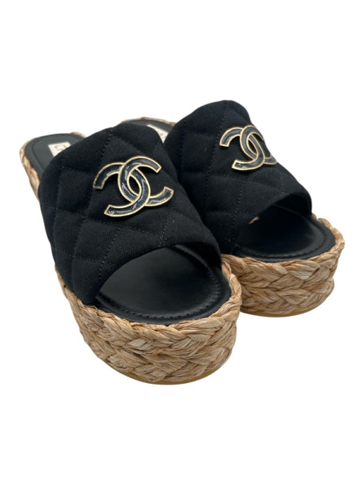 Chanel Shoe Size 41 Black, Tan & Gold Canvas Raffia Base Quilted Wedge Sandals Black, Tan & Gold / 41