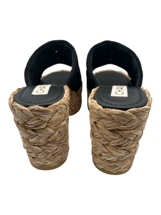 Chanel Shoe Size 41 Black, Tan & Gold Canvas Raffia Base Quilted Wedge Sandals Black, Tan & Gold / 41