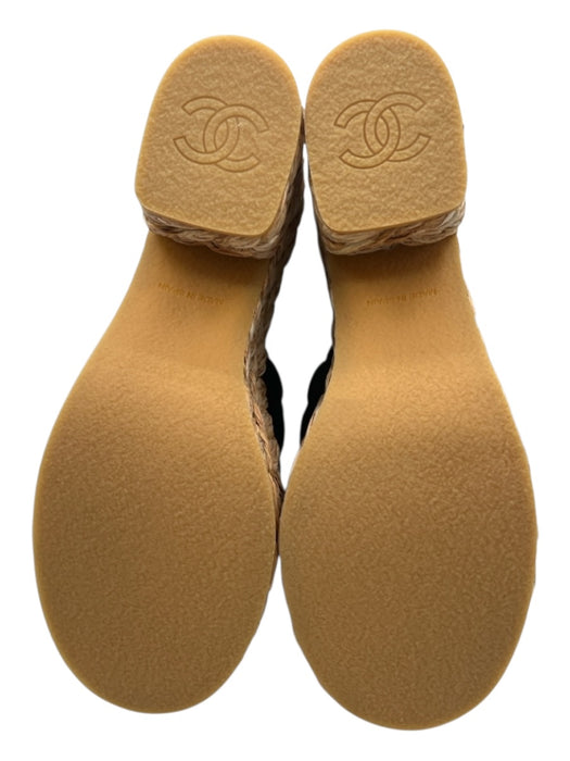 Chanel Shoe Size 41 Black, Tan & Gold Canvas Raffia Base Quilted Wedge Sandals Black, Tan & Gold / 41