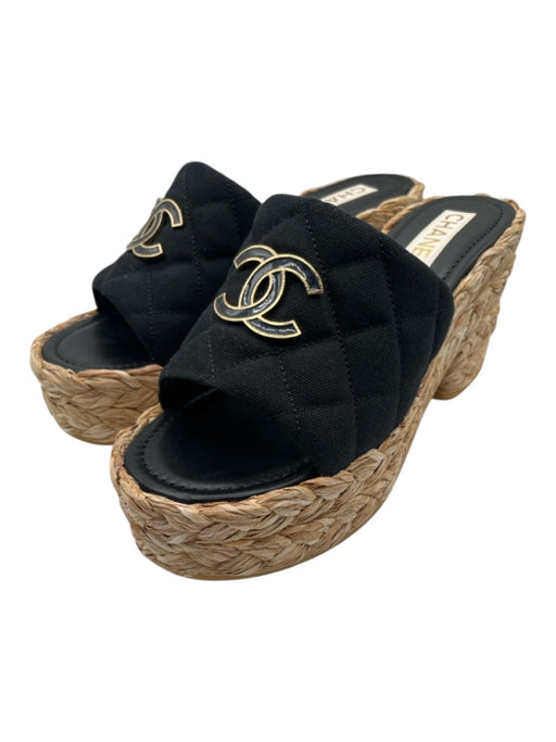Chanel Shoe Size 41 Black, Tan & Gold Canvas Raffia Base Quilted Wedge Sandals Black, Tan & Gold / 41