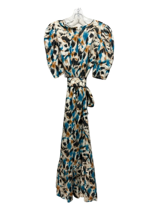 Hunter Bell Size 6 Cream, Blue & Black Linen & Rayon Short Puff Sleeve Dress Cream, Blue & Black / 6