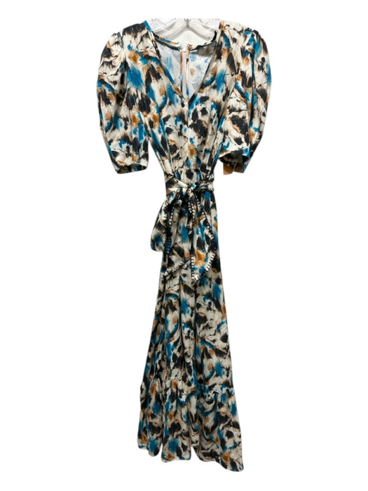 Hunter Bell Size 6 Cream, Blue & Black Linen & Rayon Short Puff Sleeve Dress Cream, Blue & Black / 6