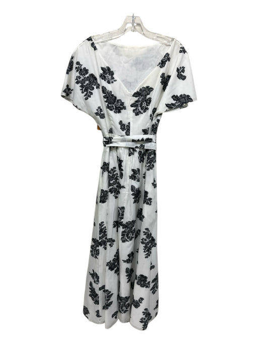 Erdem Size 10 White & Black Cotton Cap Flare Sleeve Floral Back V Dress White & Black / 10
