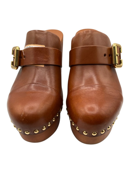 Chloe Shoe Size 41 Cognac Brown Leather Upper Wood Gold Tone Hardware Clogs Cognac Brown / 41
