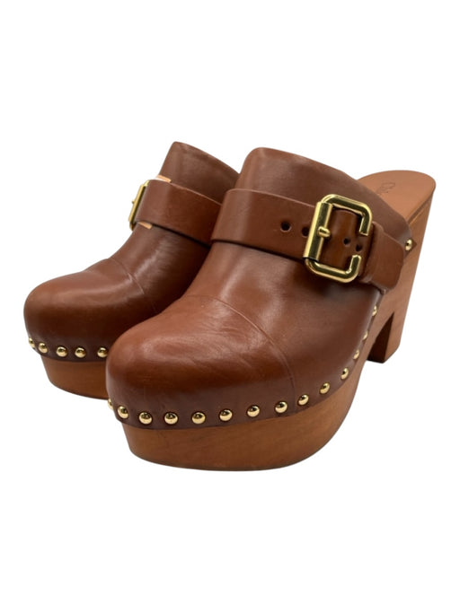 Chloe Shoe Size 41 Cognac Brown Leather Upper Wood Gold Tone Hardware Clogs Cognac Brown / 41