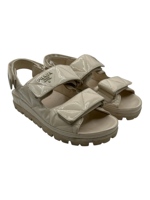 Prada Shoe Size 41 Cream Patent Leather Quilted Velcro Straps Logo Sandals Cream / 41