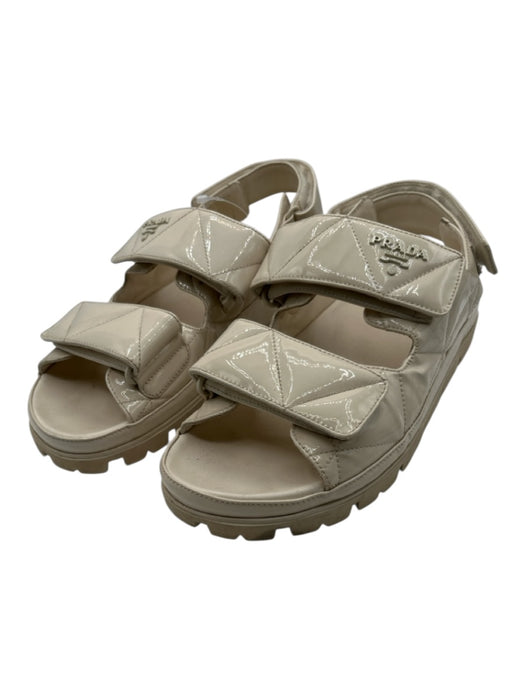 Prada Shoe Size 41 Cream Patent Leather Quilted Velcro Straps Logo Sandals Cream / 41