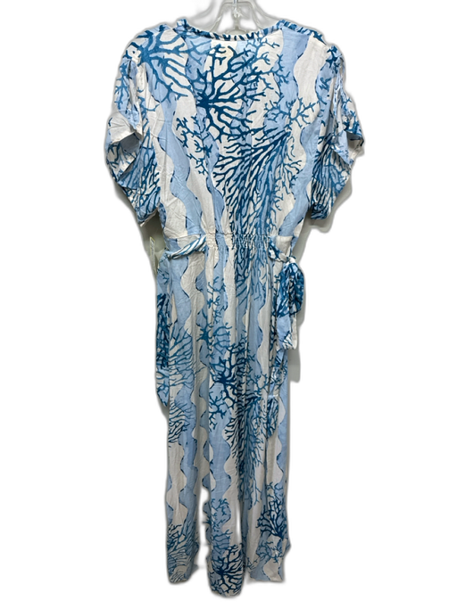 Natalie Martin Size M Blue & White Cotton Short Sleeve Coral 1/4 Button Dress Blue & White / M