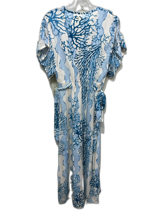 Natalie Martin Size M Blue & White Cotton Short Sleeve Coral 1/4 Button Dress Blue & White / M