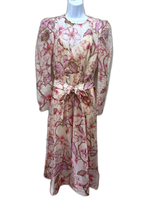 Zimmermann Size 2 Peach, Pink, Green Linen Blend Semi Sheer Floral Midi Dress Peach, Pink, Green / 2