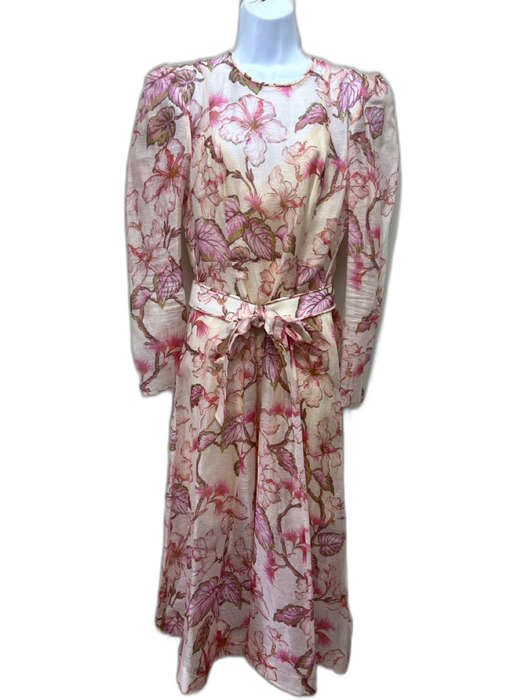 Zimmermann Size 2 Peach, Pink, Green Linen Blend Semi Sheer Floral Midi Dress Peach, Pink, Green / 2