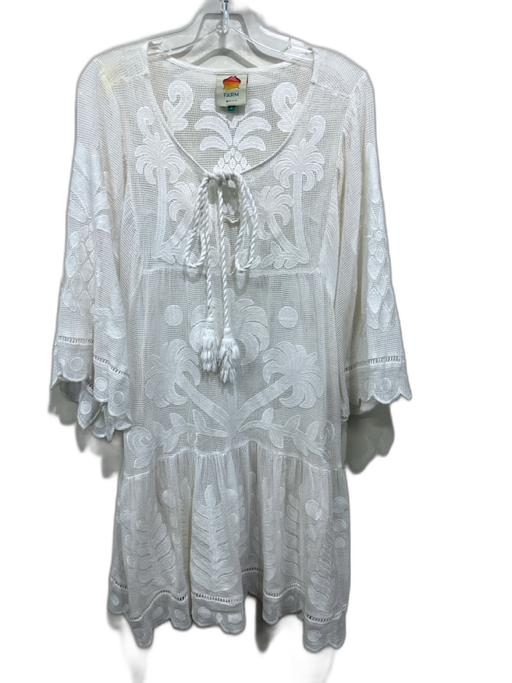 Farm Rio Size M White Cotton filet crochet Palm Tree Tassel Tie Detail Dress White / M