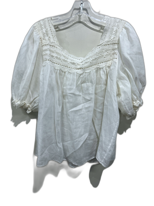 Doen Size M Cream Ramie Lace Trim Snap buttons Tie Detail Puff Sleeve Top Cream / M