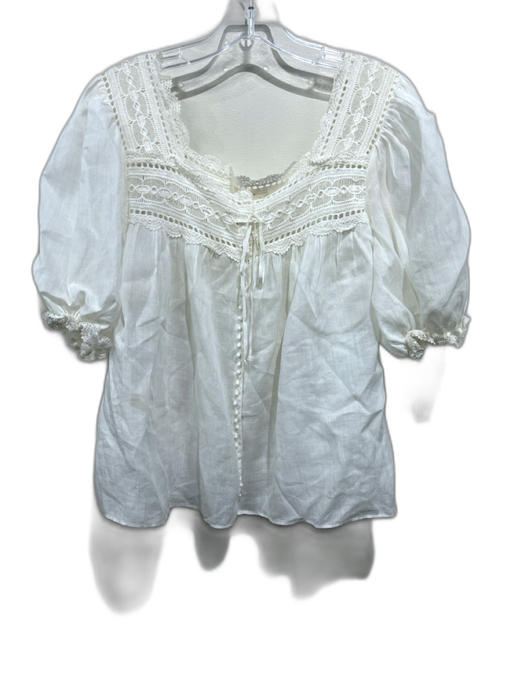 Doen Size M Cream Ramie Lace Trim Snap buttons Tie Detail Puff Sleeve Top Cream / M