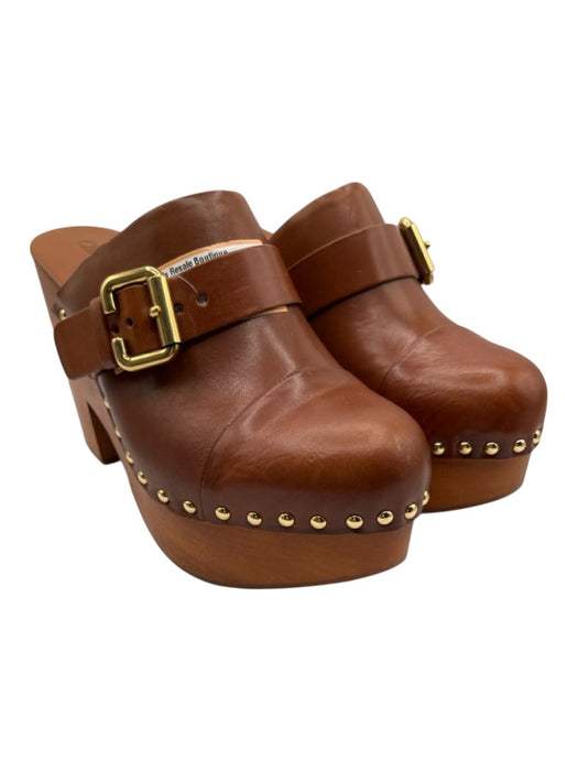 Chloe Shoe Size 41 Cognac Brown Leather Upper Wood Gold Tone Hardware Clogs Cognac Brown / 41