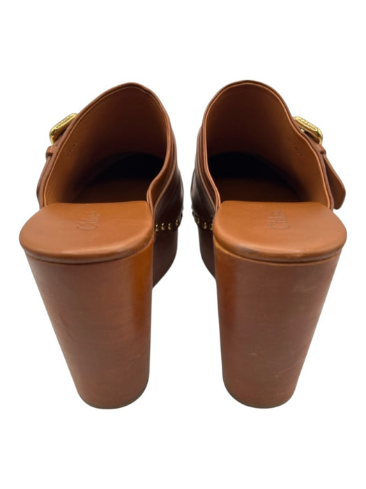 Chloe Shoe Size 41 Cognac Brown Leather Upper Wood Gold Tone Hardware Clogs Cognac Brown / 41