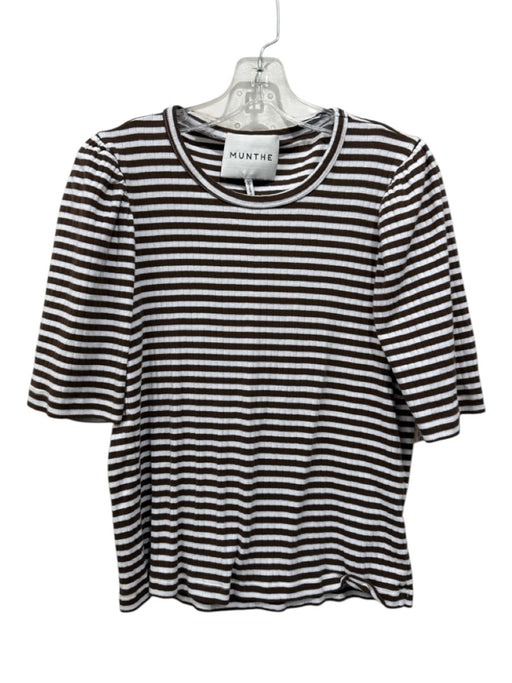 Munthe Size 38 Brown & White Cotton Horizontal Stripes 1/2 Sleeve T Shirt Top Brown & White / 38