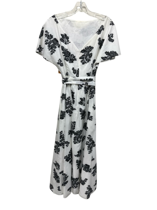 Erdem Size 10 White & Black Cotton Cap Flare Sleeve Floral Back V Dress White & Black / 10