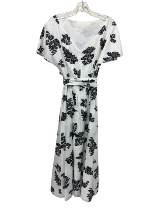 Erdem Size 10 White & Black Cotton Cap Flare Sleeve Floral Back V Dress White & Black / 10