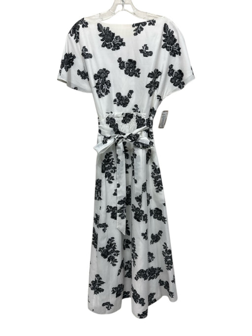 Erdem Size 10 White & Black Cotton Cap Flare Sleeve Floral Back V Dress White & Black / 10