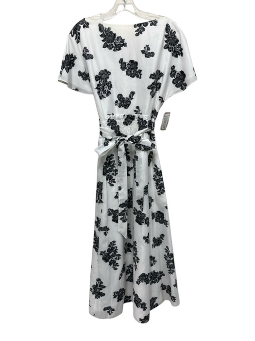 Erdem Size 10 White & Black Cotton Cap Flare Sleeve Floral Back V Dress White & Black / 10