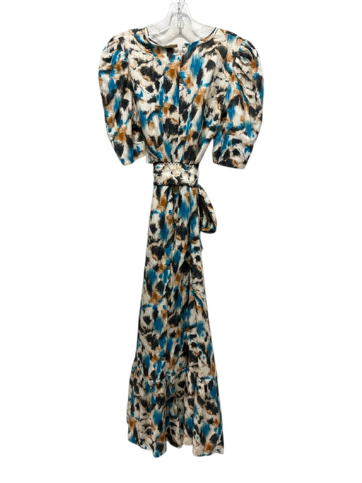 Hunter Bell Size 6 Cream, Blue & Black Linen & Rayon Short Puff Sleeve Dress Cream, Blue & Black / 6