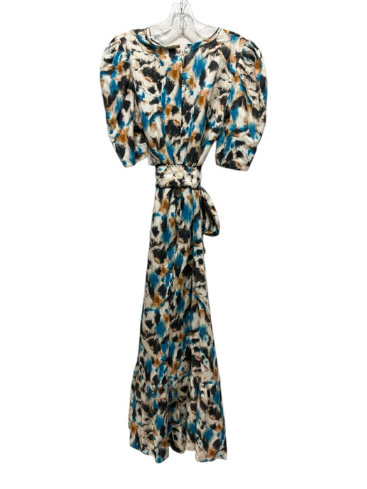 Hunter Bell Size 6 Cream, Blue & Black Linen & Rayon Short Puff Sleeve Dress Cream, Blue & Black / 6