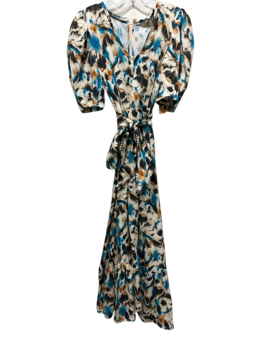 Hunter Bell Size 6 Cream, Blue & Black Linen & Rayon Short Puff Sleeve Dress Cream, Blue & Black / 6