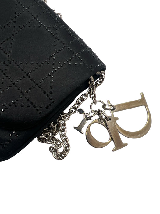 Christian Dior Black Satin Rhinestone Silver Hardware Logo Clutch Bag Black / Small