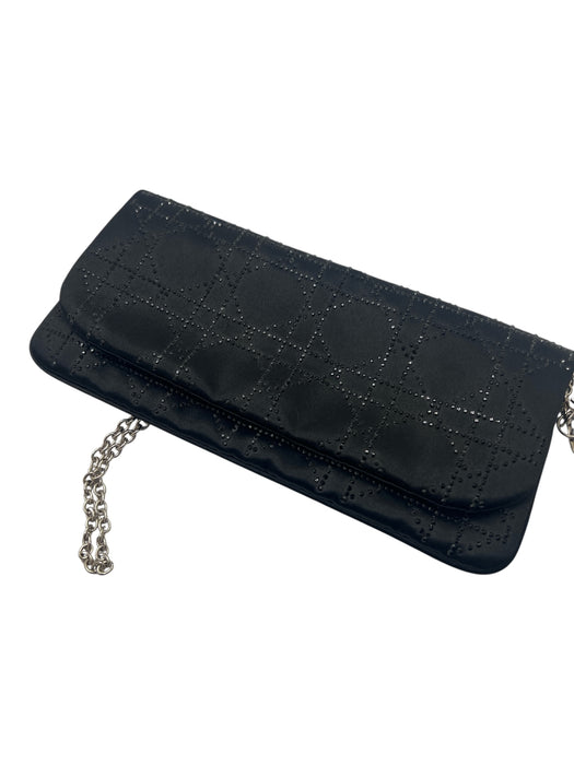 Christian Dior Black Satin Rhinestone Silver Hardware Logo Clutch Bag Black / Small