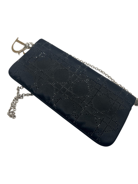 Christian Dior Black Satin Rhinestone Silver Hardware Logo Clutch Bag Black / Small
