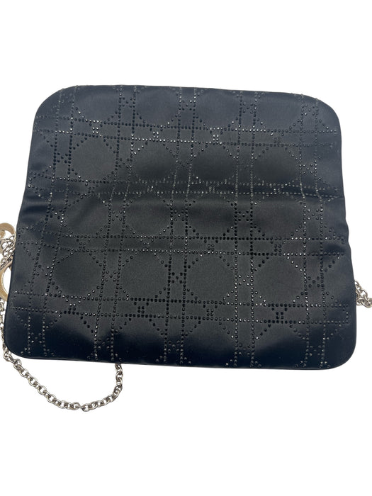 Christian Dior Black Satin Rhinestone Silver Hardware Logo Clutch Bag Black / Small
